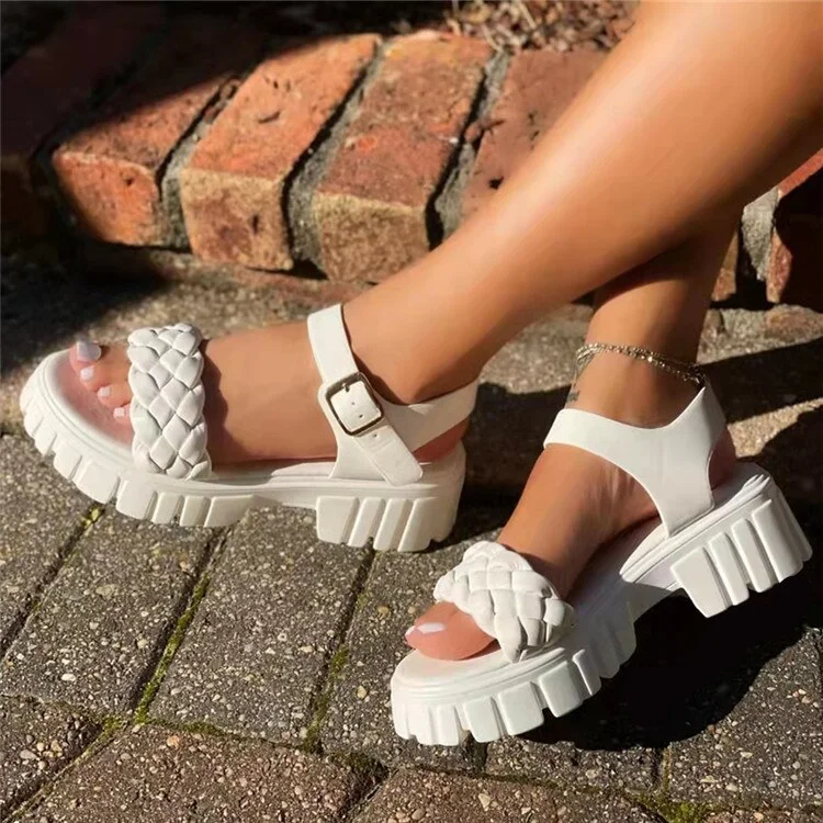 Back to college 2022 Women's Sandals Platform Square Heels Ankle Buckle Summer Woman Shoes Fashion PU Leather Solid Ladies Pumps Non-Slip Female