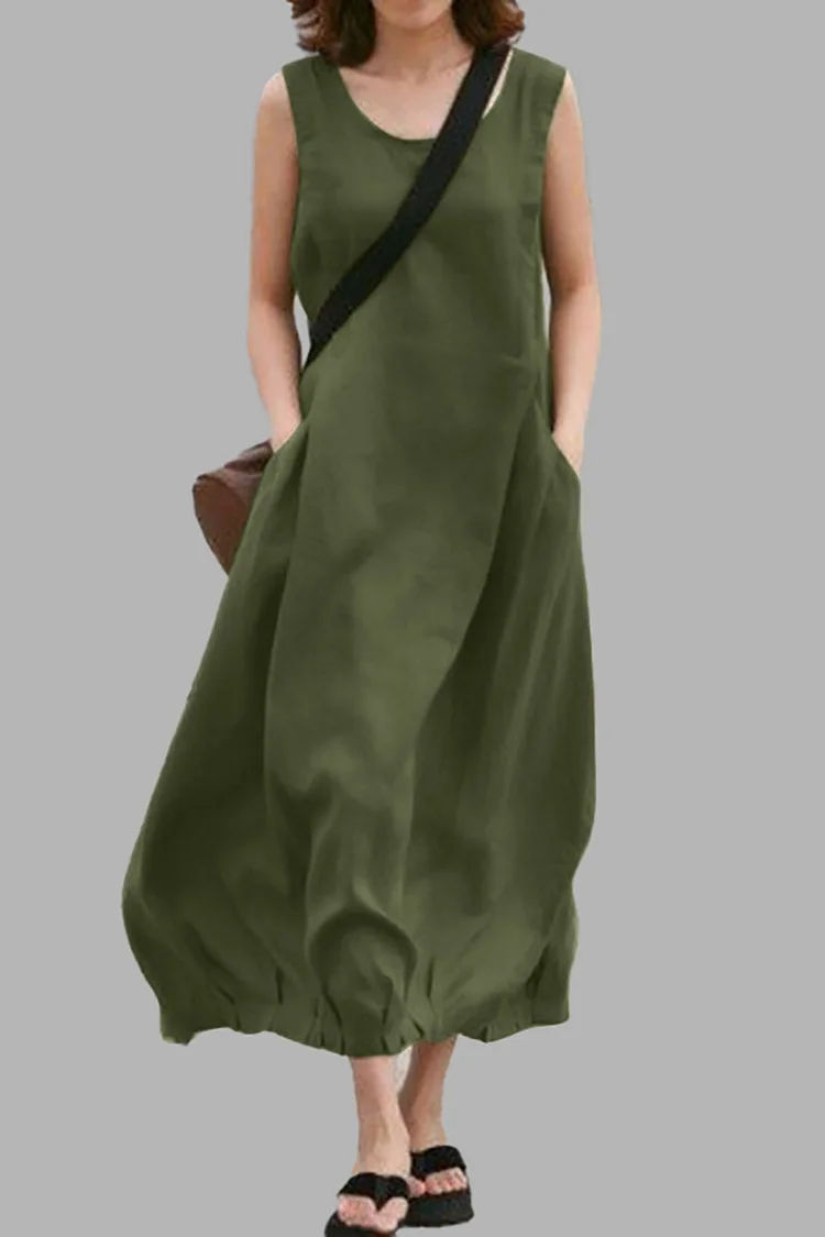 Pleated Sleeveless Round Neck Linen Maxi Dress