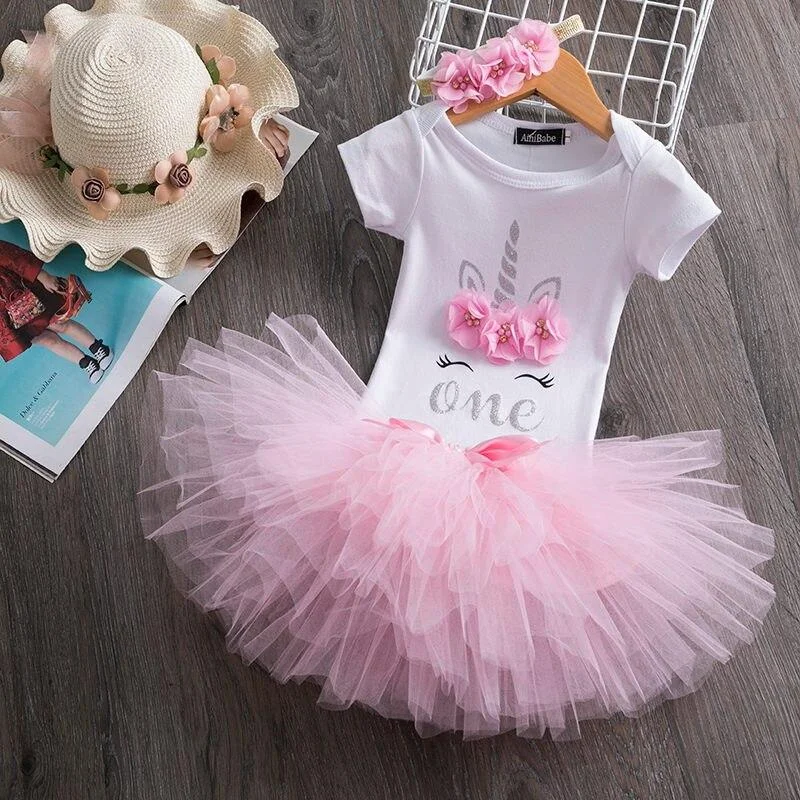 Little Girls Summer Dress Cute Newborn Baby Girl Clothes 1st Birthday Baby Bodysuit Romper+Ruffles Tutu Skirt +Headband Outfits