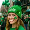 St Patricks Day Hat Sequins Lucky Pom Beanie Hats Green Knit Winter Hat for Irish-Themed Events