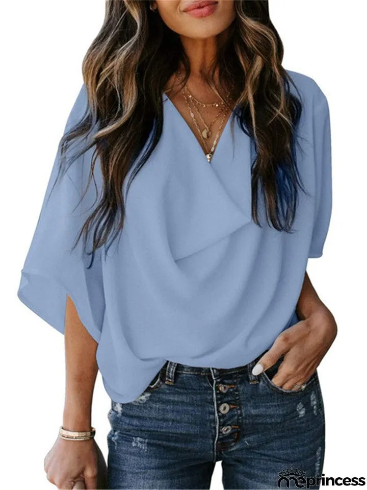 Feminine Flowy Style Cowl Neck Half Sleeve Lightweight Chiffon Pullover Tops