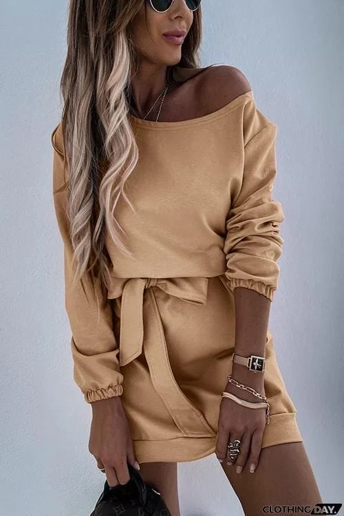 Dew Shoulder Belted Long Sleeve Mini Dress