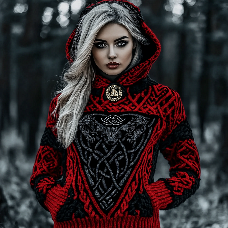 VChics Vintage Viking Wolf Rune Chunky Knit Jacquard Hooded Sweater