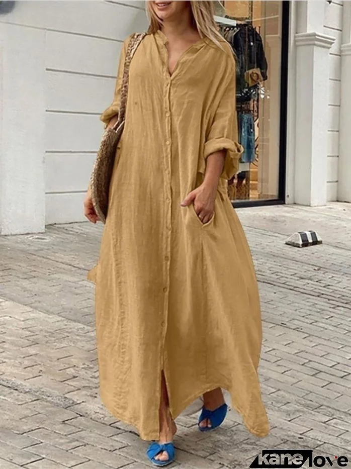 Women Fashion Casual Solid Color Cotton Linen Pocket Shirt Maxi Dress