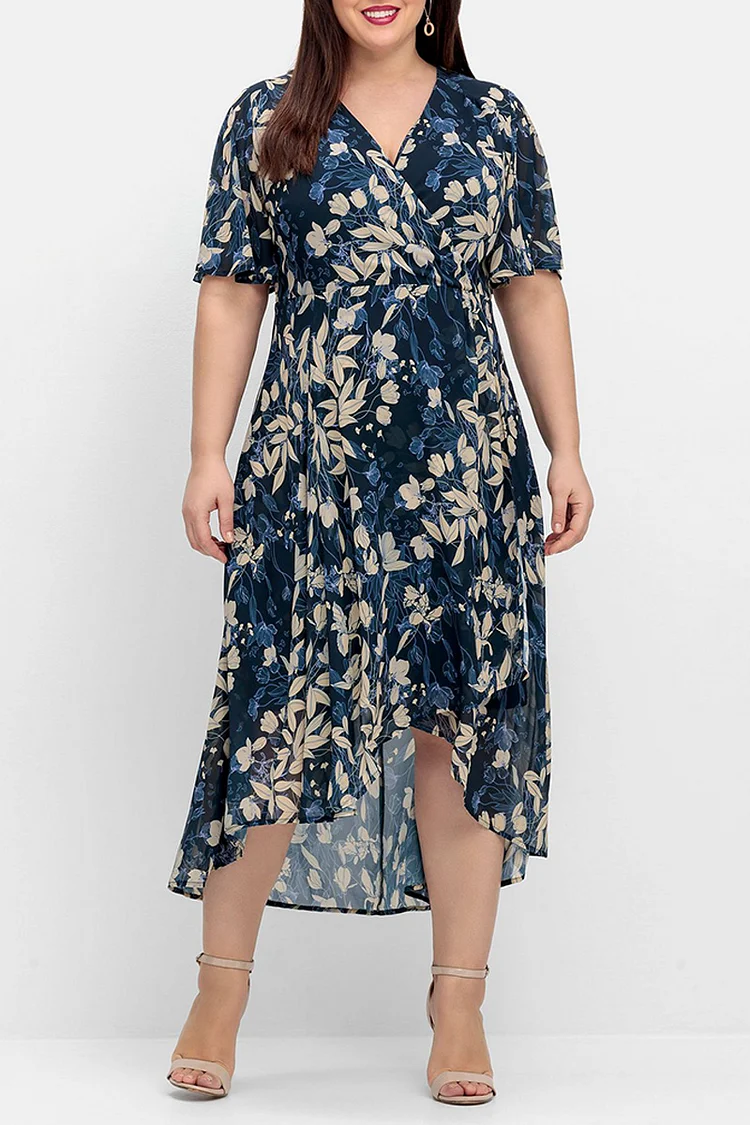 Flycurvy Plus Size Mother Of The Bride Navy Blue Chiffon Floral Print Tunic Tea-Length Dress  Flycurvy [product_label]