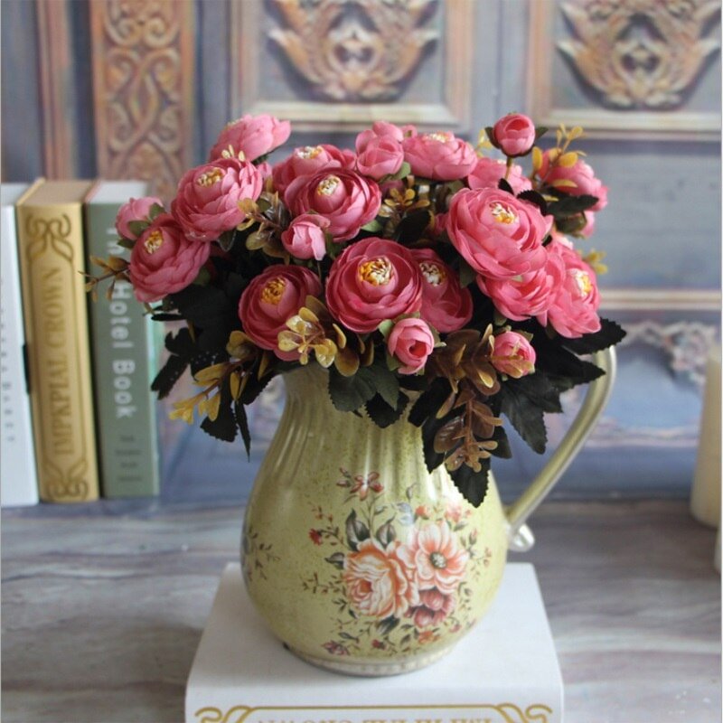 9 heads/1 bundle Artificial Silk Tea Roses Flower Bride Bouquet For Christmas Home Wedding Decoration Cheap Fake Flowers Plants