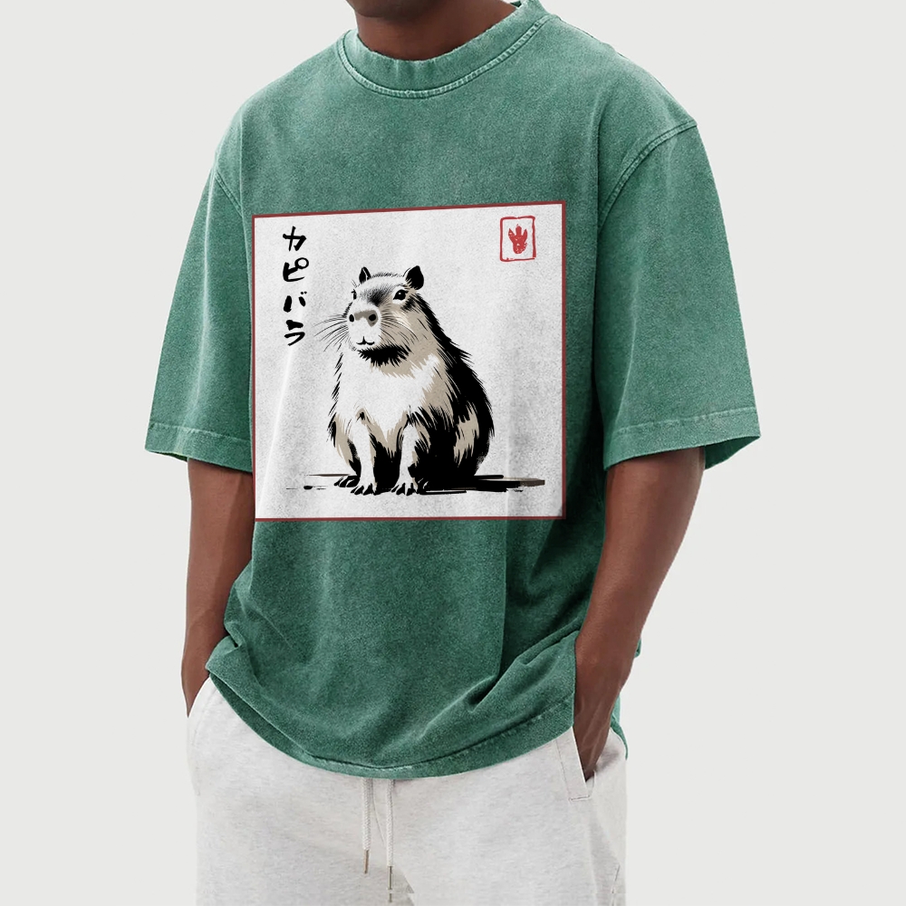 Cute Capybara Pattern Prints Washed Vintage Short Sleeves T-Shirt