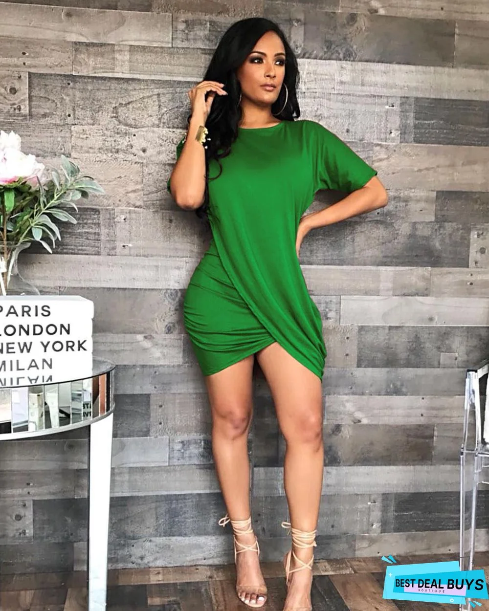 Round Neck Pleated Dress with Irregular Short Sleeves