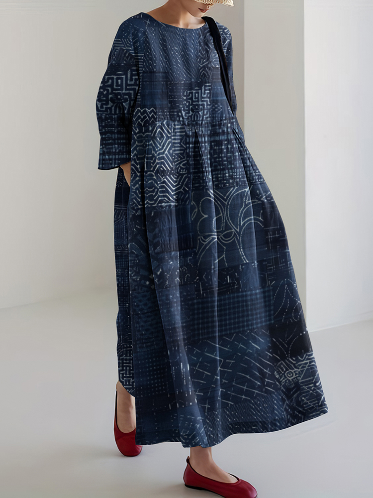 Comstylish Vintage Japanese Traditional Sashiko Art Cropped Print Casual Midi Dress