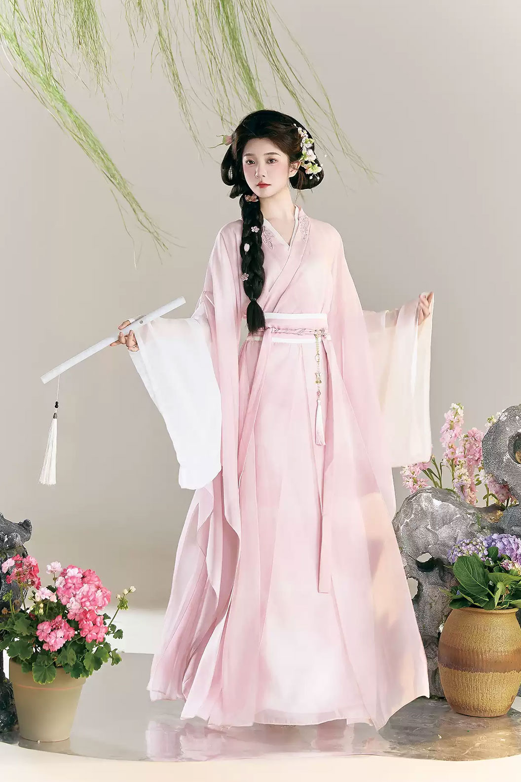 Wei Jin Dynasty Pink Hanfu Dress with Waist-length Wide Sleeves and Xianxia Style - yingying 盈盈 Stupa Stones