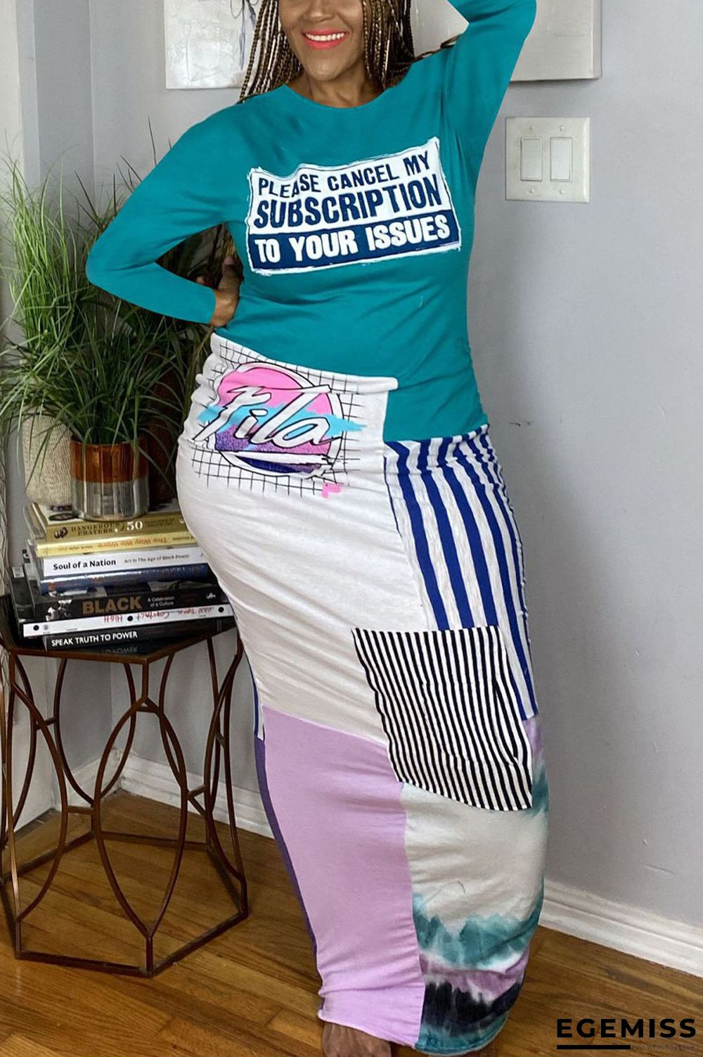 Blue Elegant Print O Neck Long Sleeve Ankle Length Long Sleeve Dress Dresses | EGEMISS