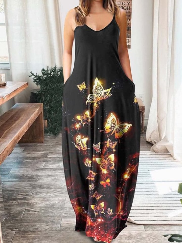 Butterfly Neck Sleeveless Strap Long Dress Black Dresses | EGEMISS