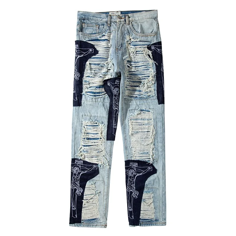 High Street Hole Fringe Embroidery Jeans Pants Mens Color Block Tassel Ripped Retri Denim Trousers Oversize Baggy Jean Pants