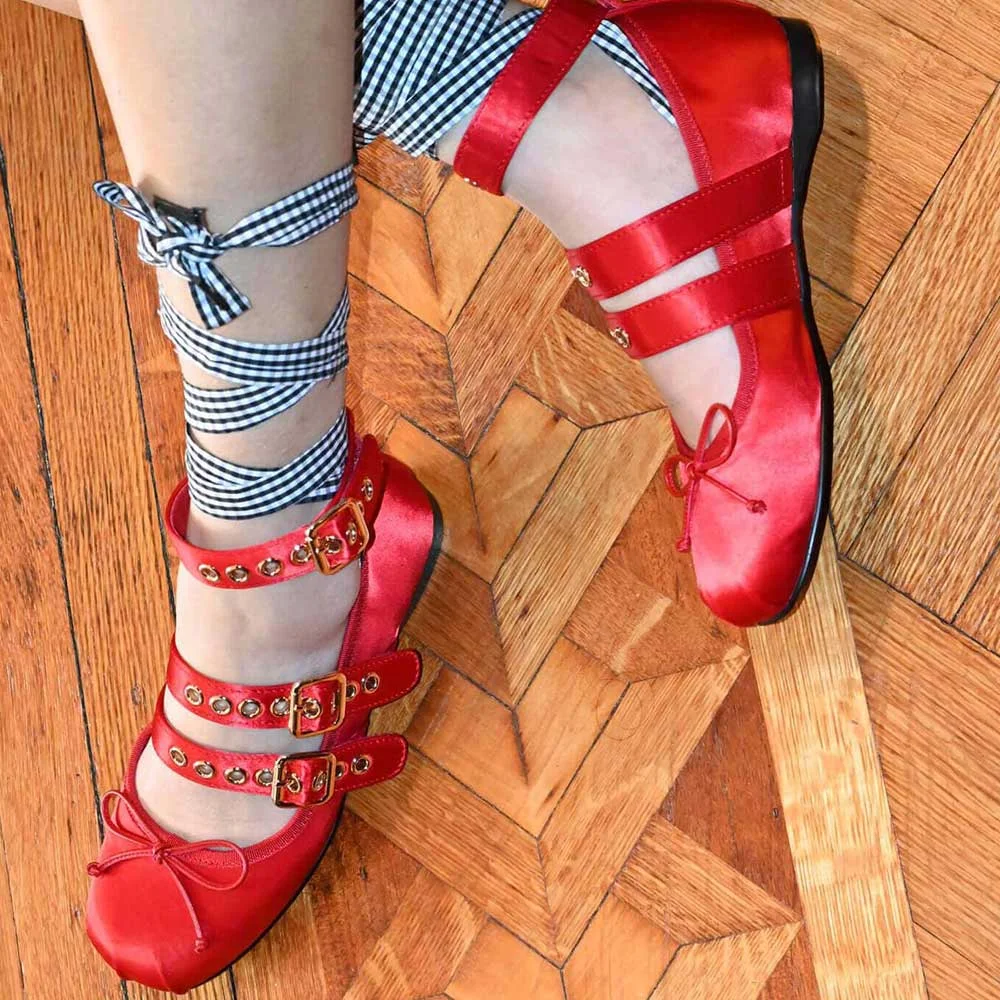 Red Satin Round Toe Bow Inlay Buckle Fastening Studded Strappy Colorful Lace Up Ballet Flats Nicepairs