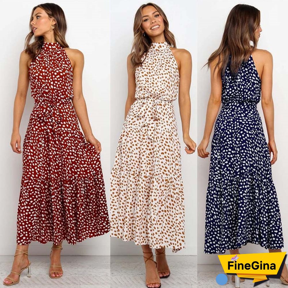 Plus Size Elegant Ladies Dress Sleeveless Collect Waist Polka Dot Long Boho Casual Beach