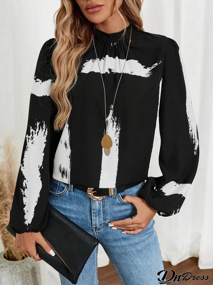 Women's Elegant Brush Print Stand Collar Lantern Sleeve Blouse, Spring Summer