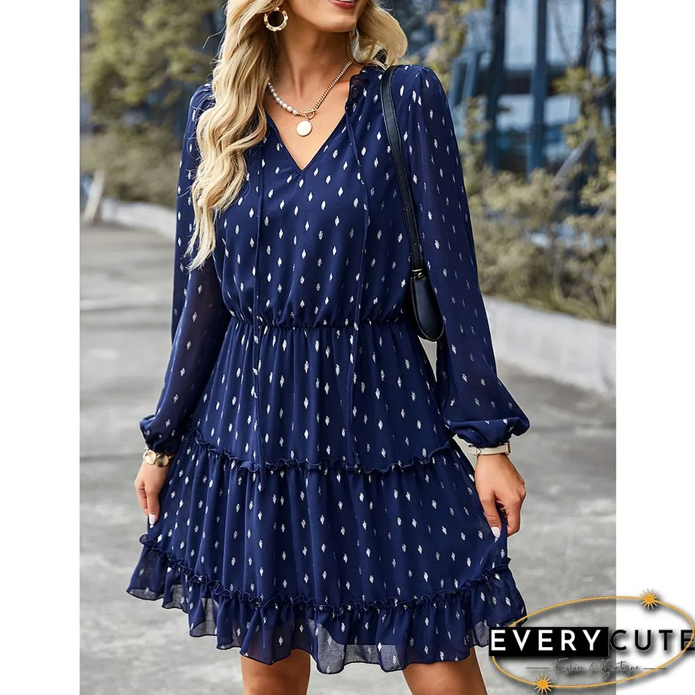 Navy Blue Lace-up Ruffle Detail V Neck Casual Dress