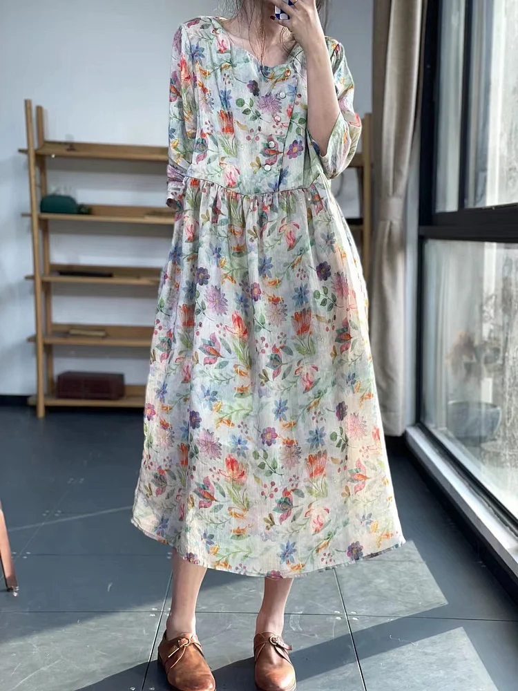 Chic Ramie Floral Short Sleeve Midi Dress