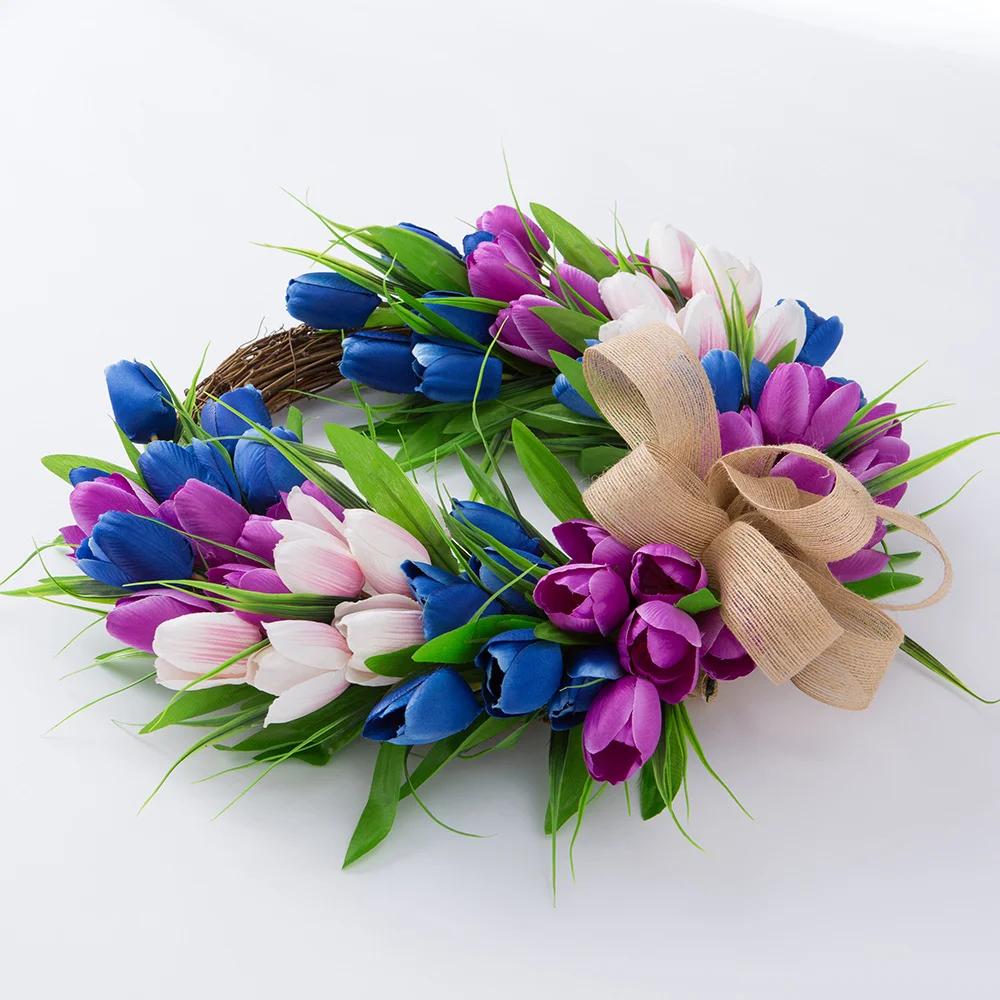 Natural Rattan Festive Simulation Blue Purple Tulip Wreath Decoration