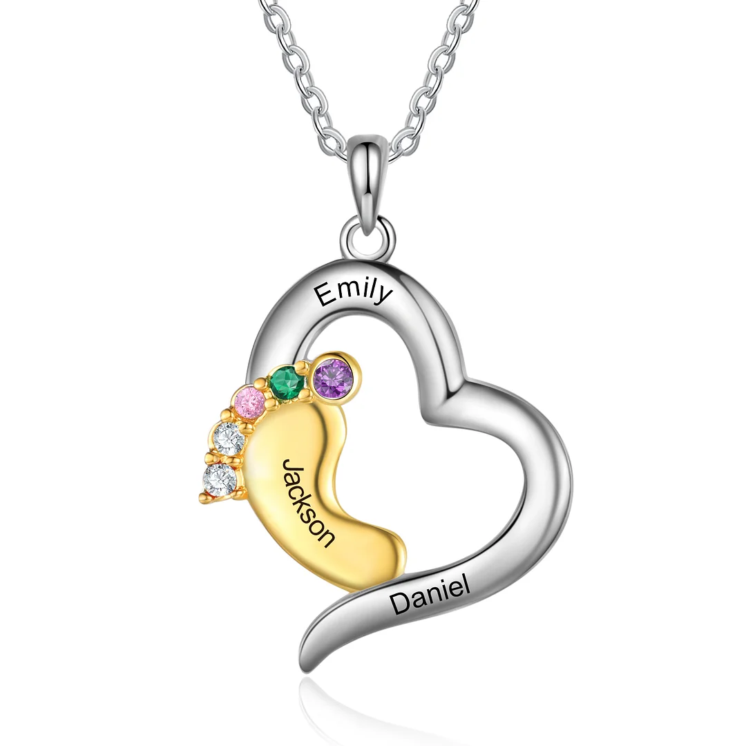 Baby Feet Necklace Personalized 3 Birthstones and Names Heart Necklace