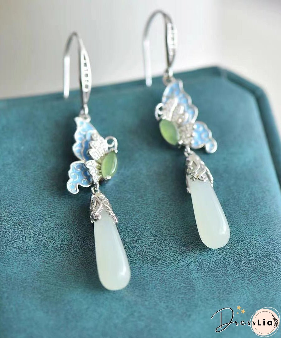 Retro Gold Sterling Silver Overgild Jade Enamel Butterfly Water Drop Drop Earrings