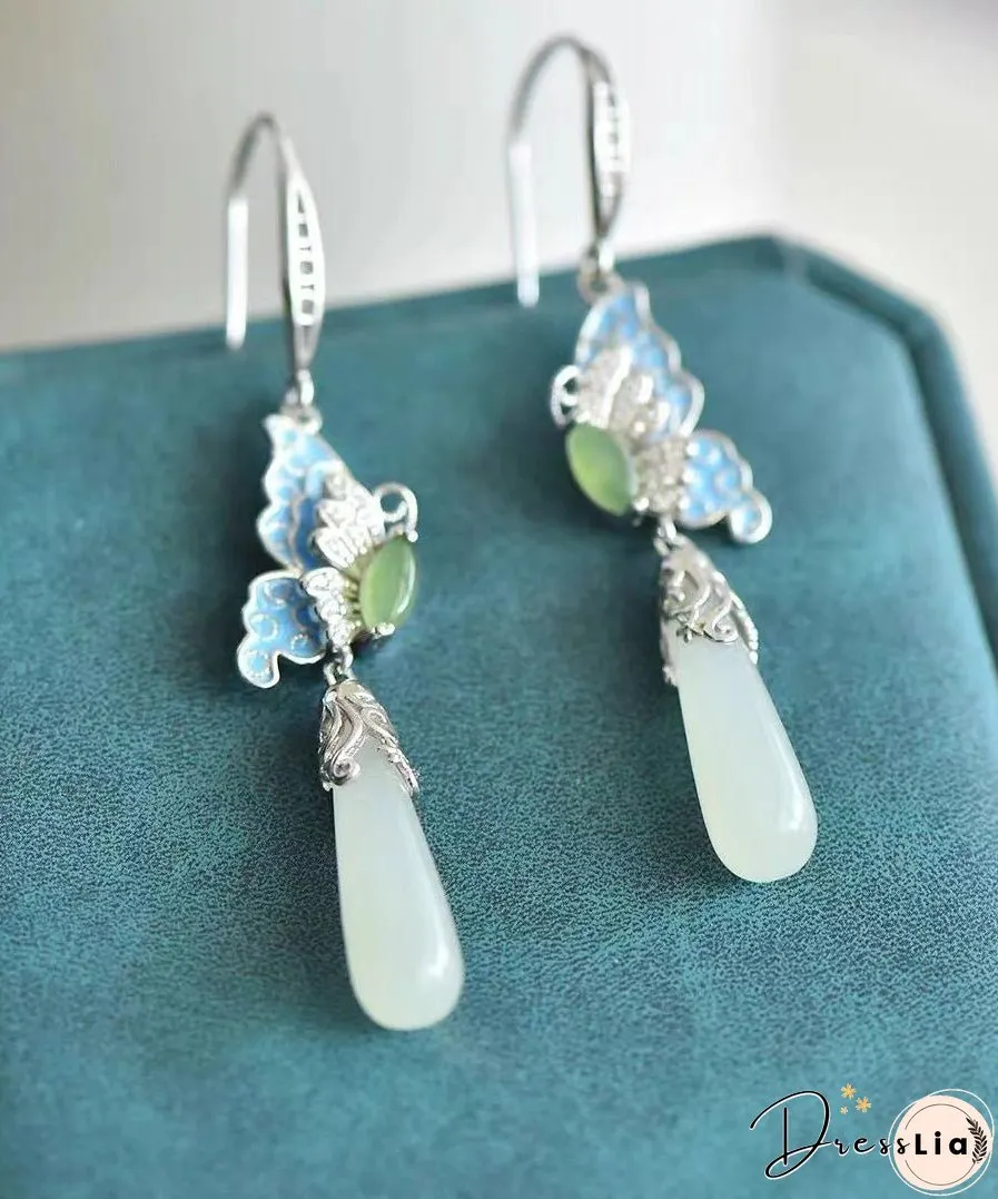 Retro Gold Sterling Silver Overgild Jade Enamel Butterfly Water Drop Drop Earrings