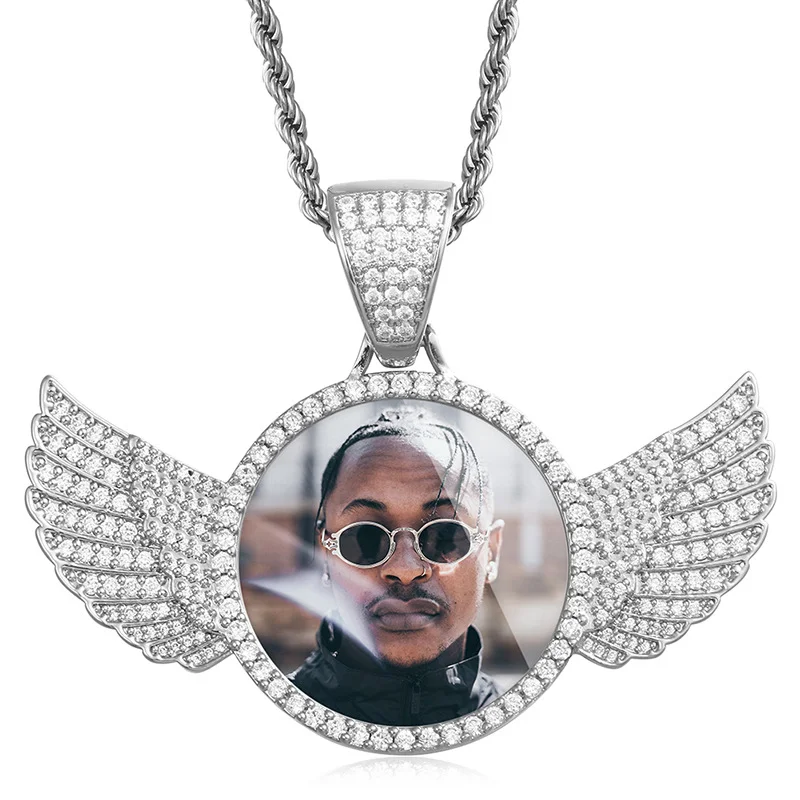 Custom Photo With Bling Angel Wings Pendant Necklace Iced Out Jewelry-VESSFUL