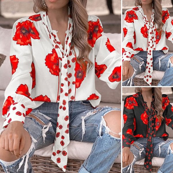 Women Long Sleeve Tie Neck Floral Print Blouse Cocktail Party Loose Shirt - BlackFridayBuys