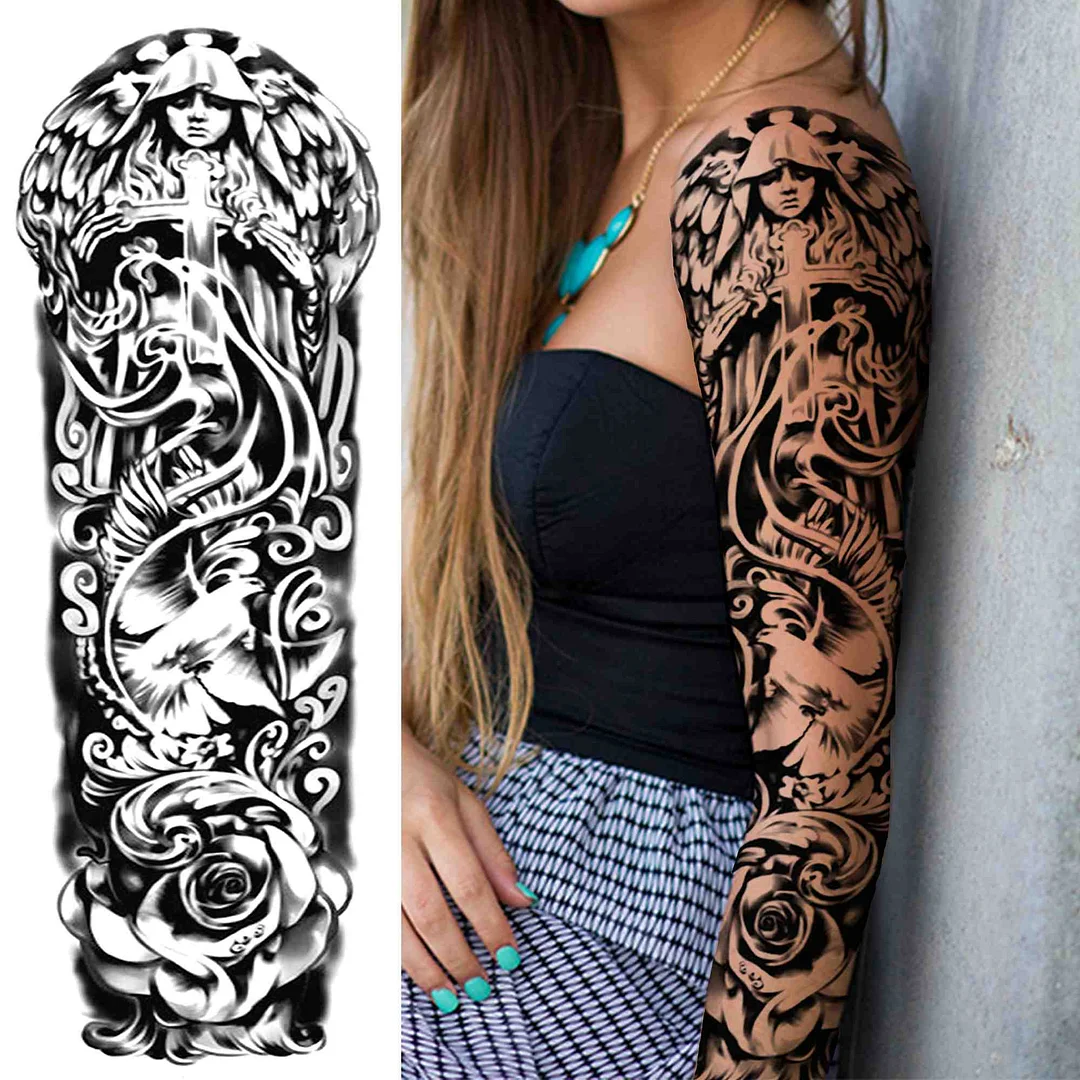 Sexy Girl Flower Temporary Tattoos For Women Men Black Lion Triangle Tattoo Sticker Fake Tribal Full Arm Sleeve Tatoos Paste 923