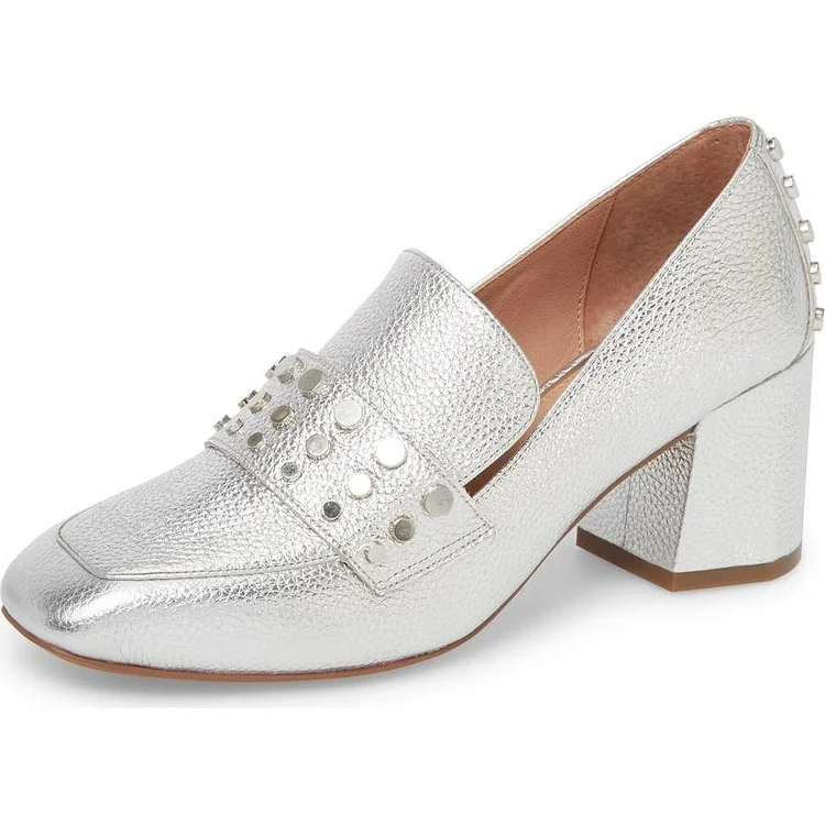 Silver Square Toe Studs Block Heels Loafers for Women |FSJ Shoes