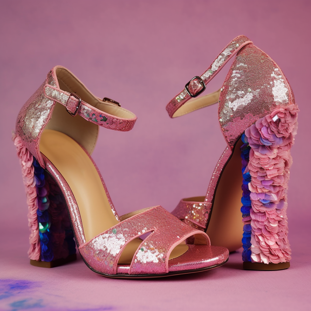 Pink Glitter Sequin Open Toe Chunky Heel Ankle Strap Sandals Nicepairs