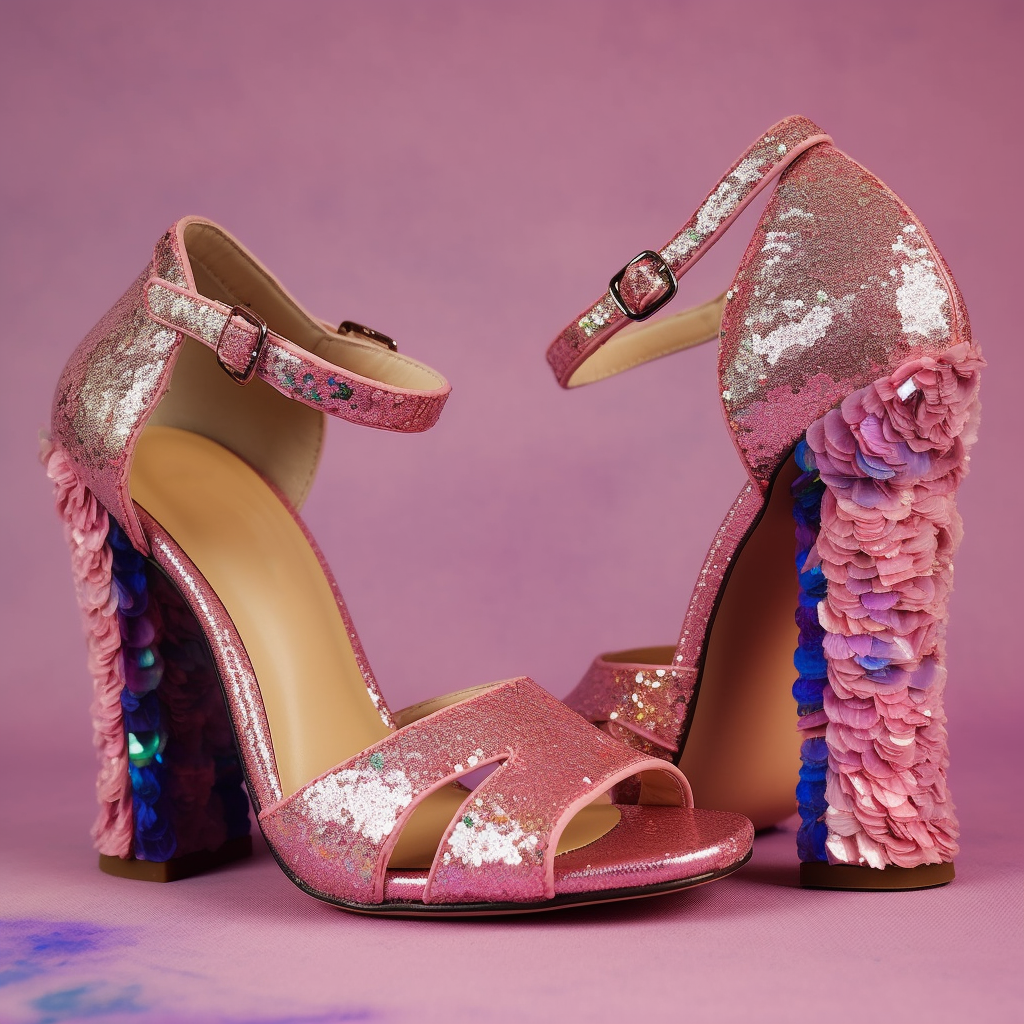 Glitter Pink Sequins Designed Opened Toe Ankle Strappy Sandals With Chunky Heels Nicepairs