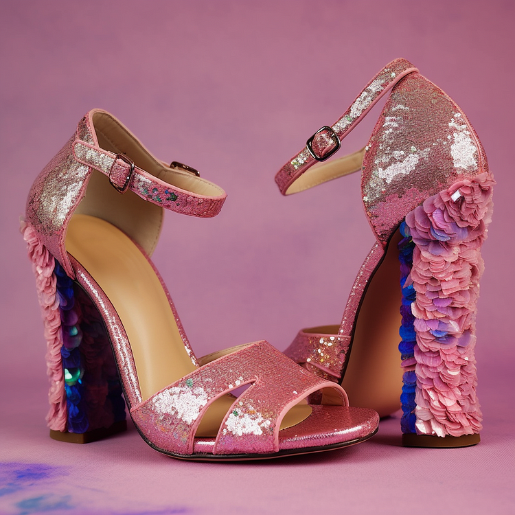 Glitter Pink Sequins Designed Opened Toe Ankle Strappy Sandals With Chunky Heels |FSJ Shoes