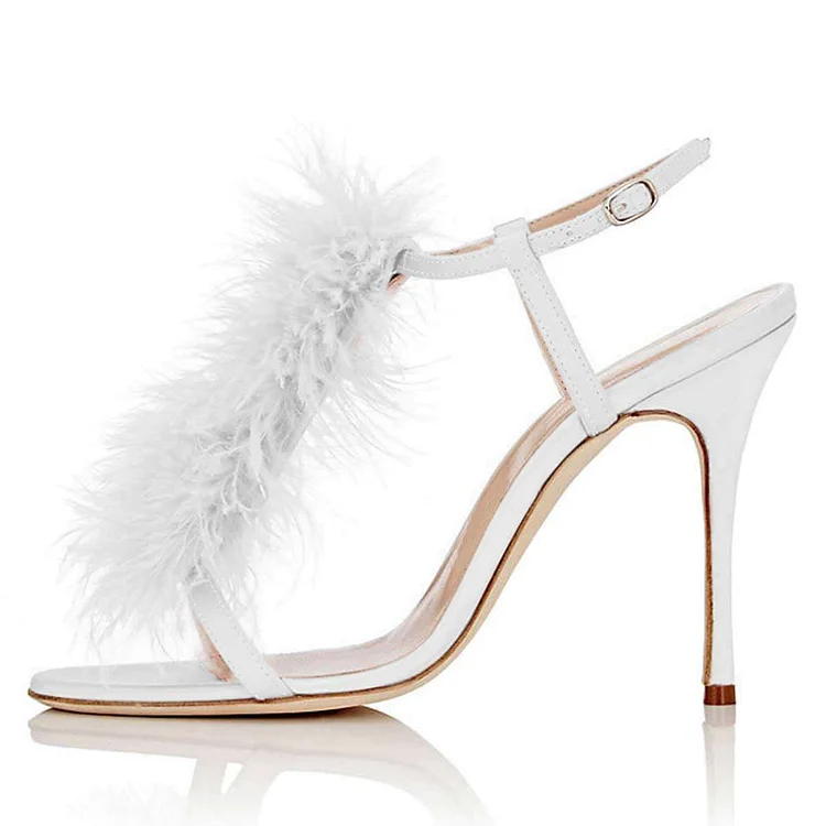 White Fur Heels Slingback Stiletto Heel Sandals |FSJ Shoes