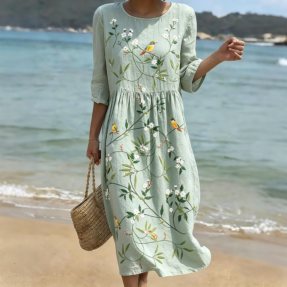 Comstylish Elegant Birds And Flowers Art Flowy Linen Maxi Dress