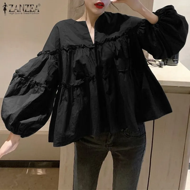ZANZEA Stylish Long Puff Sleeve Korean Blouse 2022 Spring Women Solid Shirt Femininas Ruffles Party Work Blusas Mujer Tops