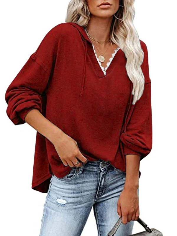 Women's Long Sleeve V-neck Lace Stitching Hooded Top