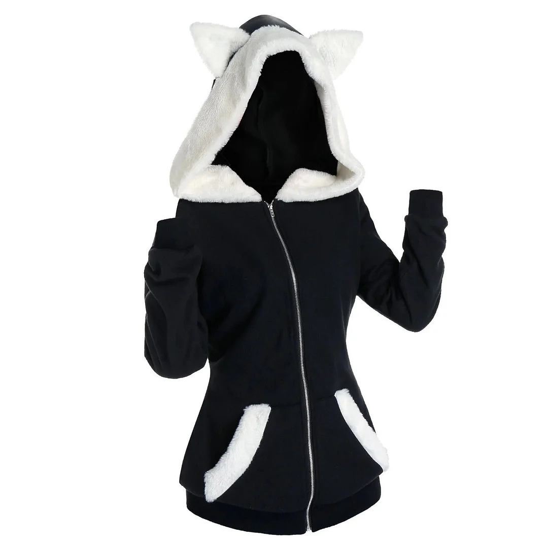 Fashion Plush Cat Ear Hooded Jacket Coat Casual Sweatshirt Zipper Coat Streetwear Female Winter Long Sleeve Womens Outerwear