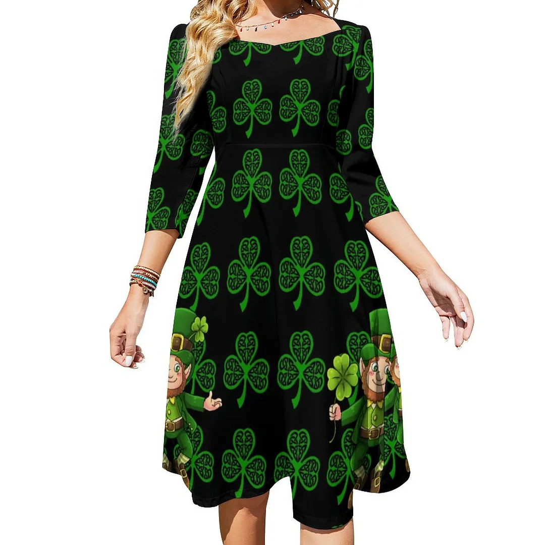 St Patricks Day Saint Patrick Pants Dress Sweetheart Tie Back Flared 3/4 Sleeve Midi Dresses
