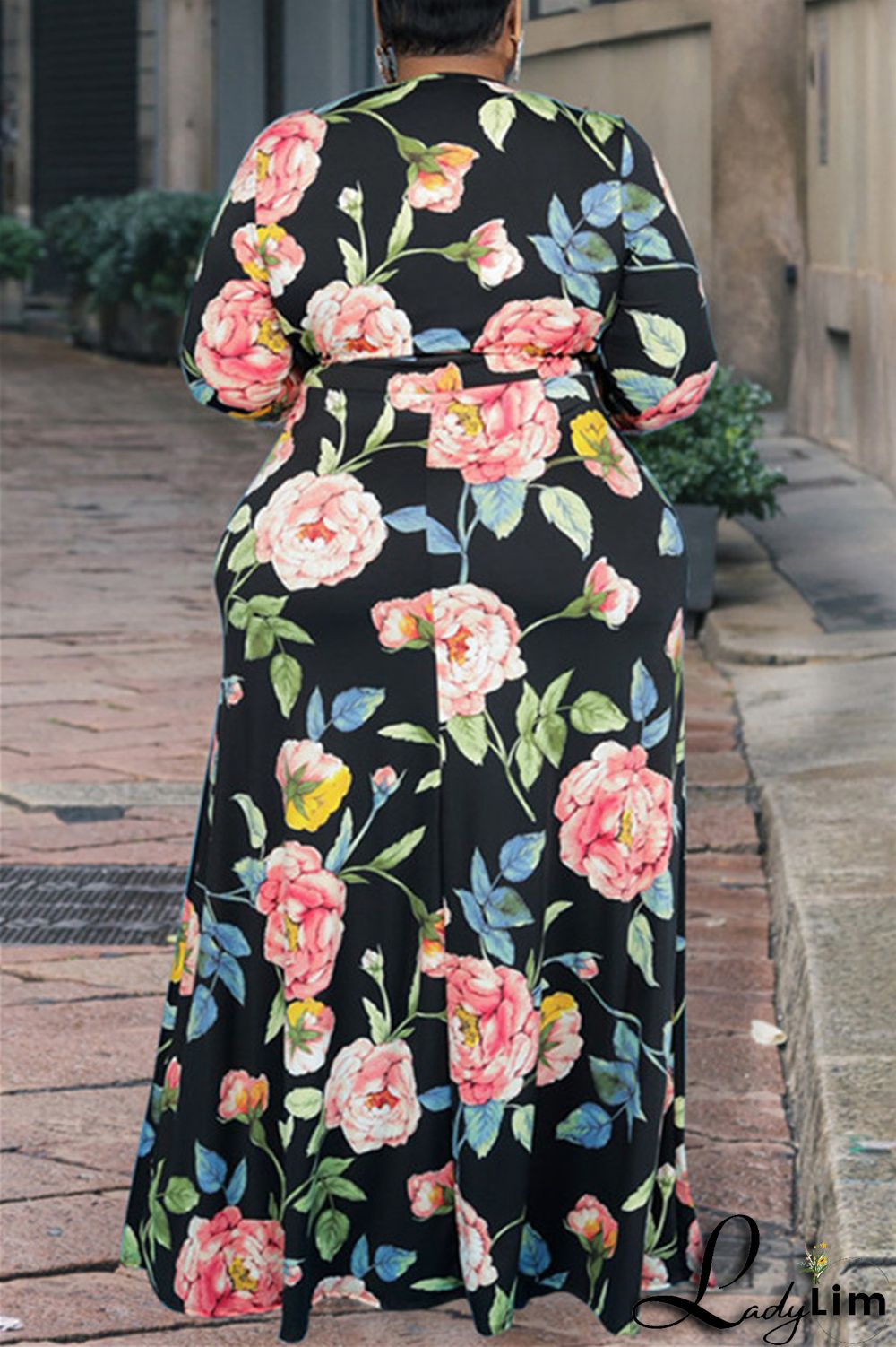 Pink Fashion Casual Print Bandage Patchwork V Neck Long Dress