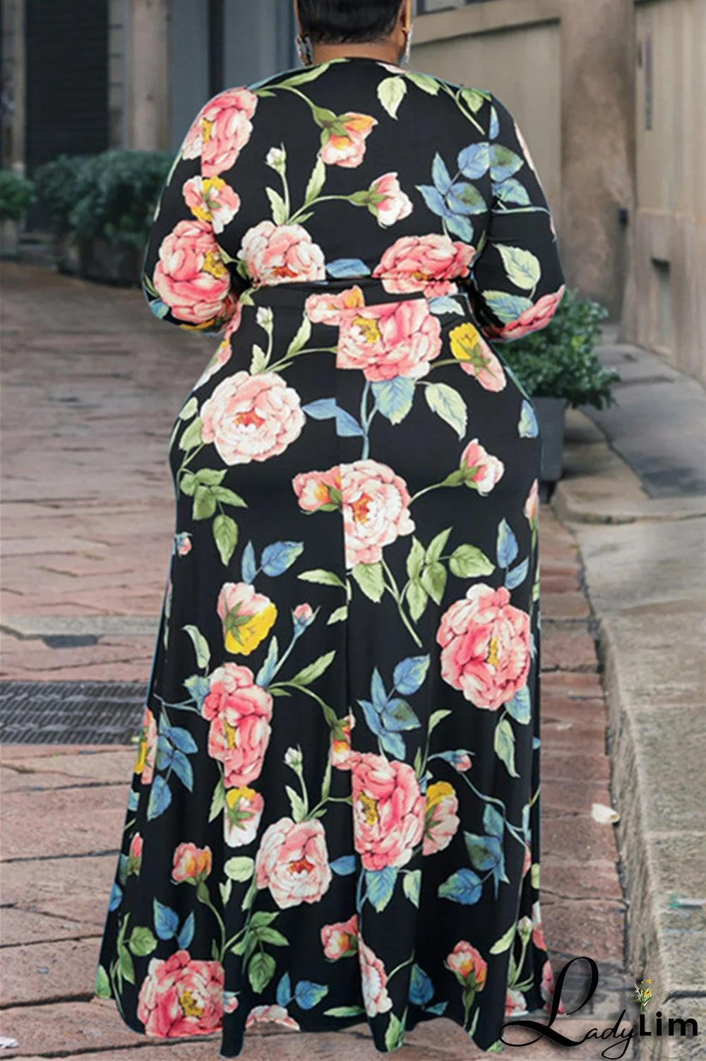 Pink Fashion Casual Print Bandage Patchwork V Neck Long Dress