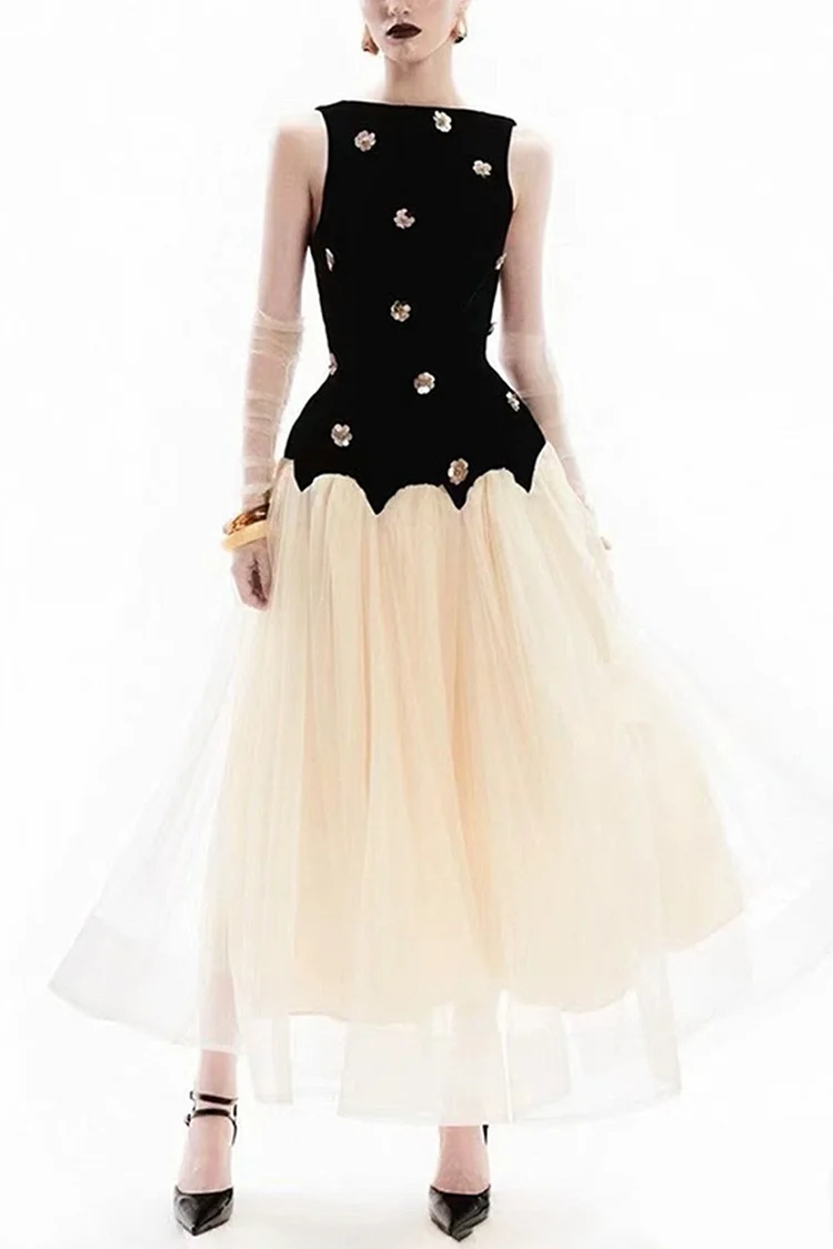 Sequin Floral Decor Sleeveless Mesh Patchwork Maxi Dress-Black