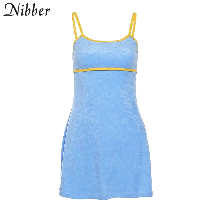 Nibber Summer Candy Color Sling Short Dress Sweet And Cute Lines Contrast Color Soft Terry Cloth For Women Party Club 2021