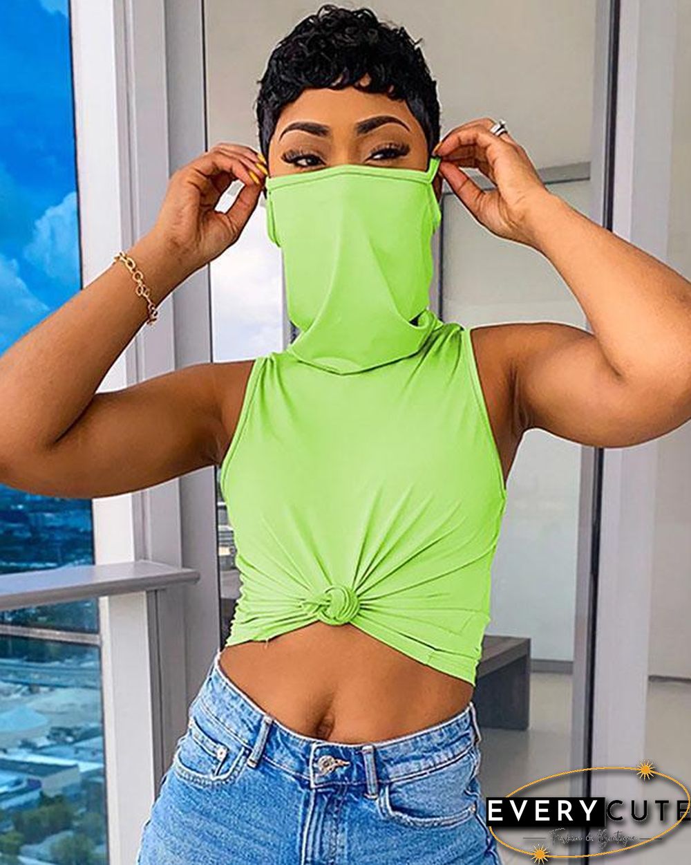 Solid Color Sleeveless Casual Shirt Top With Bandana