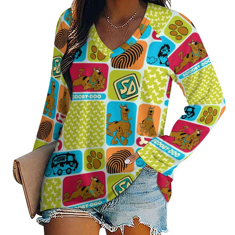 S-5XL Cute Scooby Doo Mystery Women Crew Neck Dressy Tops Streewear Loose V-Neck Long Raglan Sleeve Tunic Tops - Heather Prints Shirts