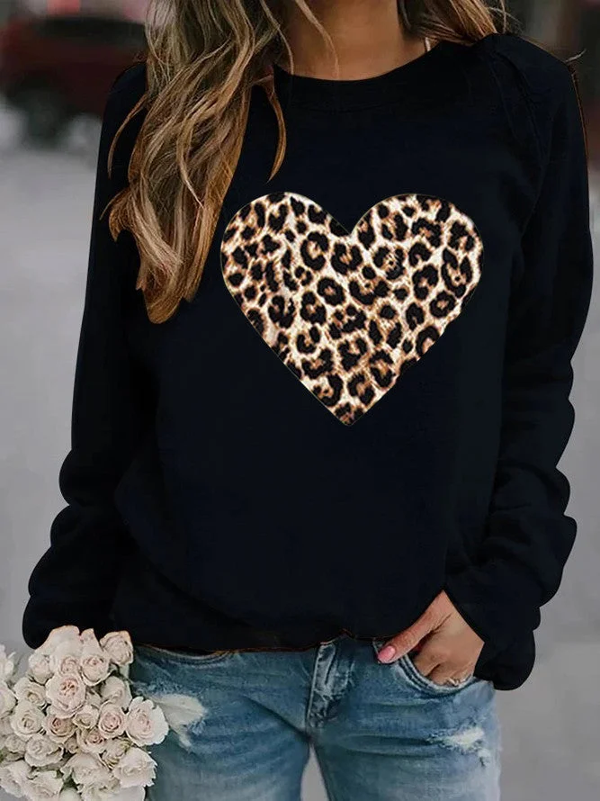Brownm Round Neck Leopard Print Heart Printing Hooded Veet Coats
