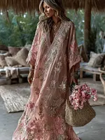 Women's Vintage Pink Floral Art V Neck Long Sleeve Maxi Dress