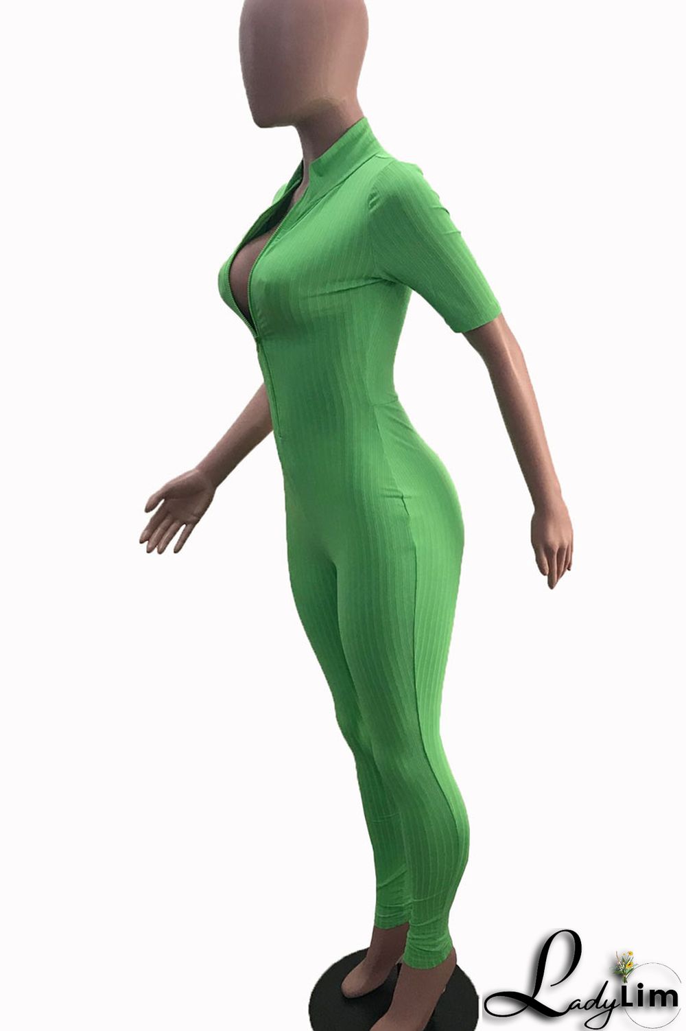 Green Casual Solid Patchwork Zipper Collar Regular Jumpsuits