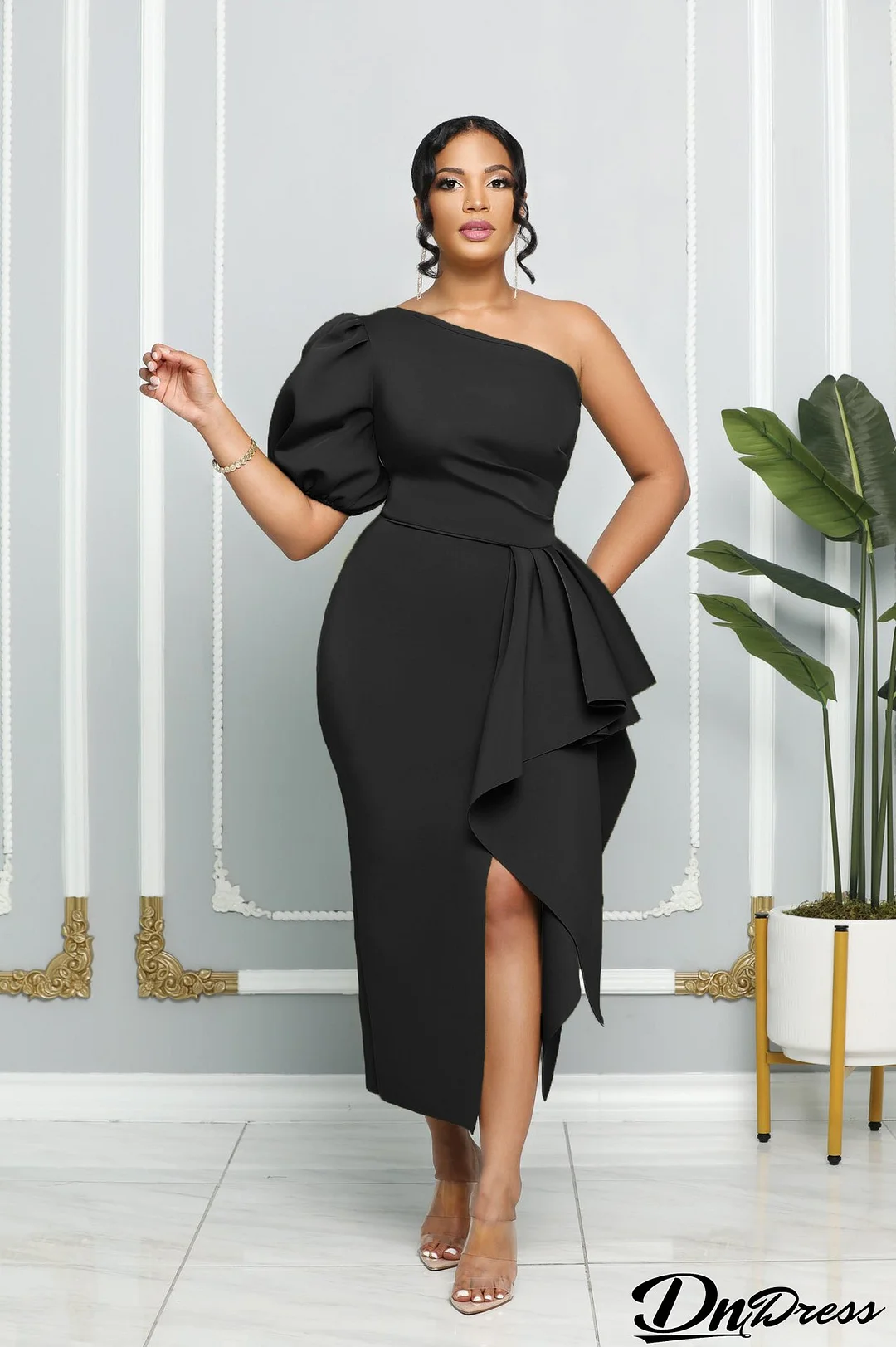 CLEARANCE - Black - Size L - One Shoulder Slit Gown Chic Puff Sleeve Fashion Women's Dress