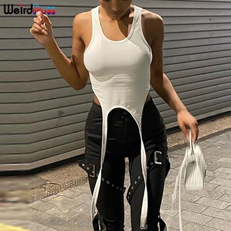Weird Puss 2021 Summer Women Sleeveless Tank Top Skinny Basic Solid Long Ribbon Tops Fashion Sling Streetwear Female Casual Vest